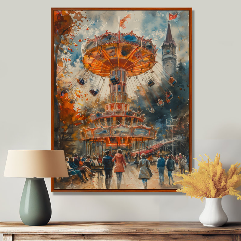  «Yellow Gray Vintage Carousel Amusement Parks II - Amusement Parks Wall Art Living Room, Cadre flottant brun