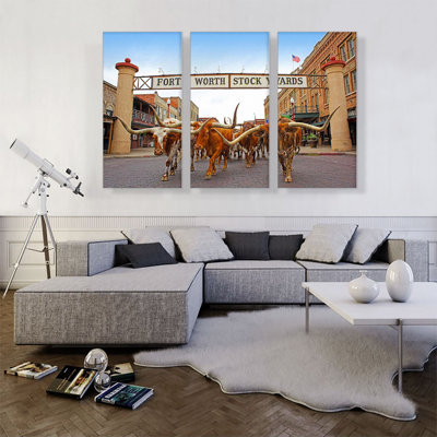 " Fort Worth Texas Bulls Stock Yards " 3 Piece Art Oil Print