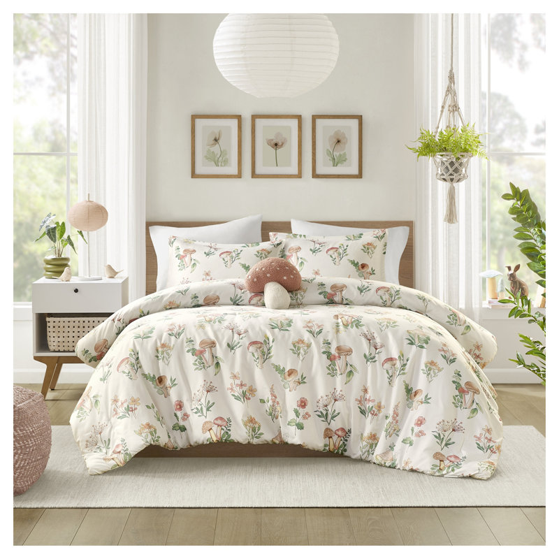 Ensemble d'édredon Mushroom Garden pour lit simple / simple TG avec taie décorative et coussin décoratif, literie en polyester vert