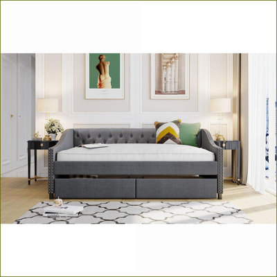 Full Size Gray Upholstered Daybed with 2 Drawers, No Box Spring Needed, Plywood Frame for Bedroom/Guest Room