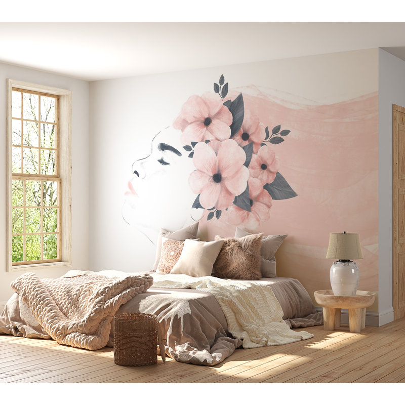 Murale abstraite - Femme avec des fleurs, L 157 po x L 110 po, Non encollé
