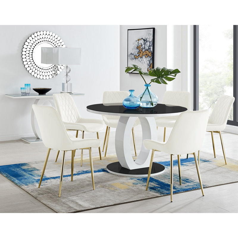 Scottsmoor High Gloss Round Dining Table Set with Luxury Velvet Upholstered Dining Chairs, Cream/Gold, Black/White