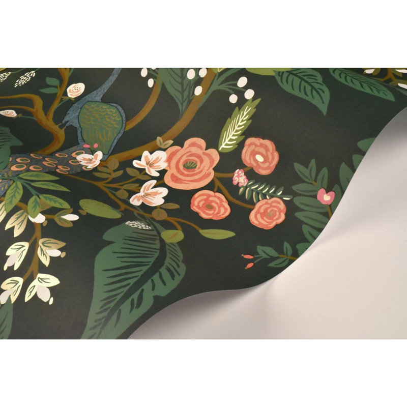 Peacock 27' x 27" Wallpaper Roll, Dark Green/Pink