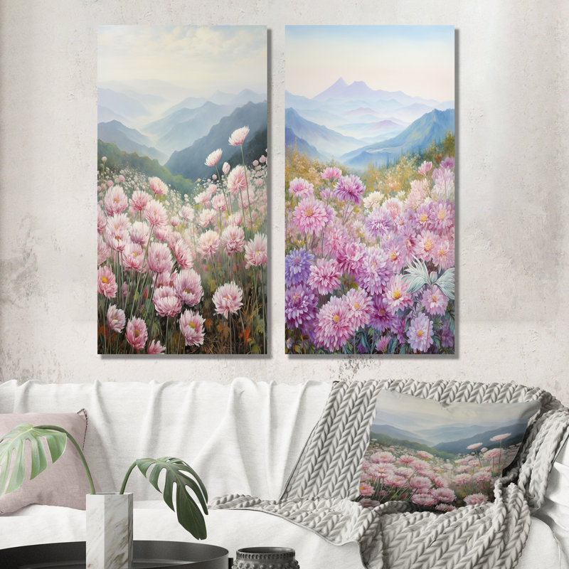 Chrysanthèmes roses sur une colline - ensemble de 2 impressions sur toile, H 28 po x l 25 po, Toile tendue