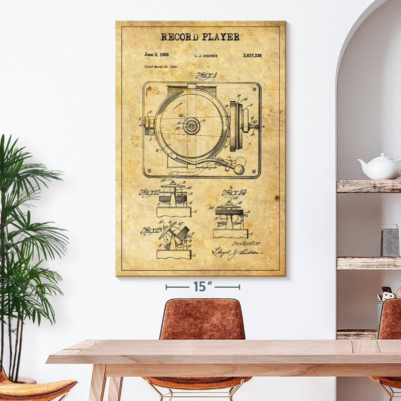 Disque tourne-disque brevet sur toile, H 51 po x l 34 po x P 1,25 po