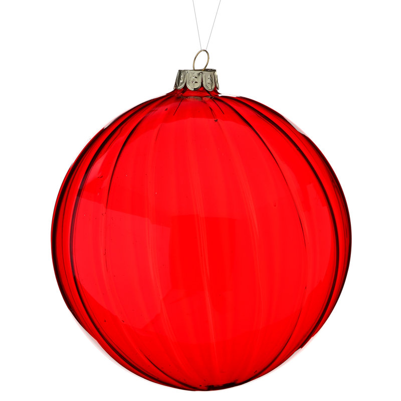 5" Glass Clear Stripe Ball Ornament, Red