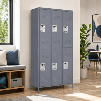 Bizoe 72 Inch Tall Metal Lockers With 6 Doors, 3 Wide 2 Tier Employee Storage Cabinet for Home Gym Office School Garage and Workshop, Heavy Duty Steel Locker with European Cam Lock, Adjustable Feet, Moon Ventilation Slots, Name Card Slot and Inner Hooks, Gray