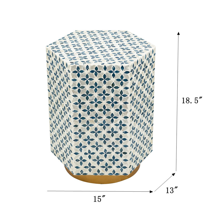 Modern Hexagonal Accent Table with Geometric Capiz Inlay and Metallic Base