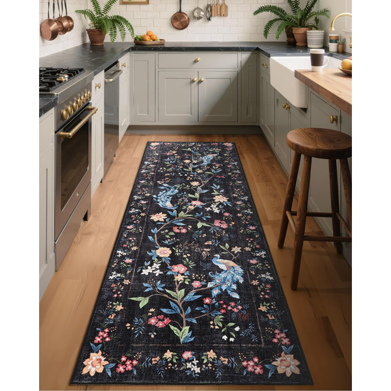 2x6 Black Washable Runner Rug – Floral Peacock Design, Non-Slip, Stain-Resistant Mat for Bedroom, Kitchen, Bathroom
