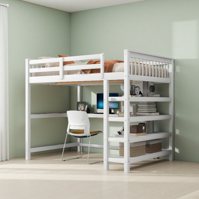 Lit mezzanine avec tablettes de rangement et bureau sous le lit, Lit double, Blanc