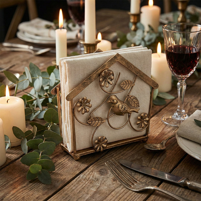 Bird and Leaf Napkin Holder, Freestanding Open-Top Metal Organizer for Standard Napkins 