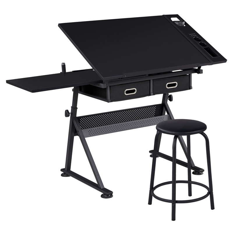 Ensemble de table à dessin et tabouret avec angles et hauteurs de table réglables, Noir