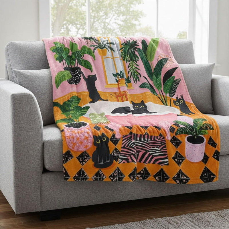 Jeté Funny Cat Matisse rose orange, 40 x 50 po, L 50 po x l 40 po, Rose / Orange