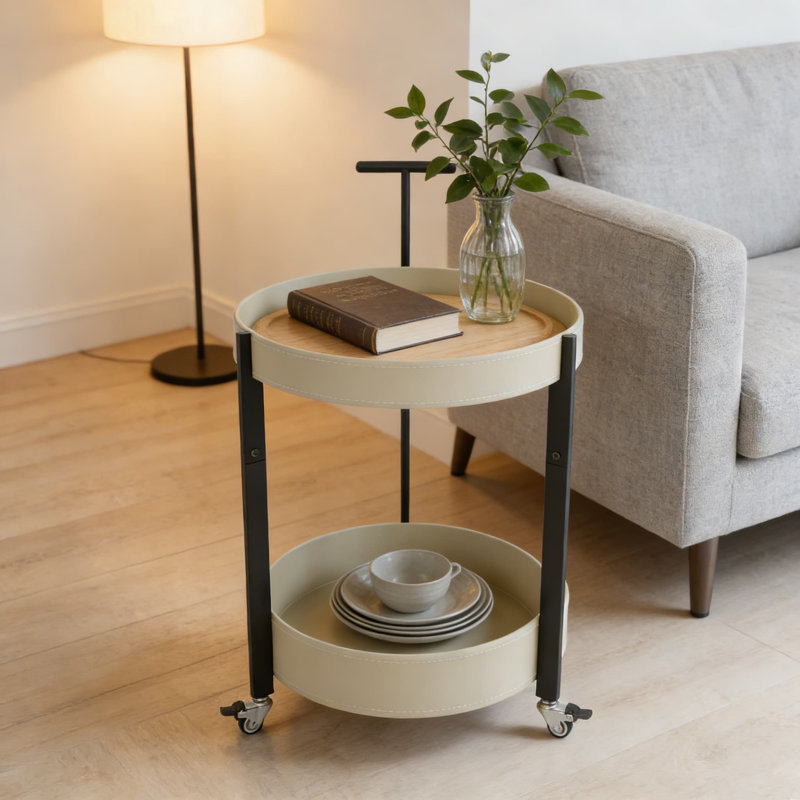 Chariot utilitaire roulant à 2 niveaux avec plateau en cuir et roulettes verrouillables - Chariot de rangement mobile robuste pour la cuisine, le salon, la chambre à coucher et le bureau