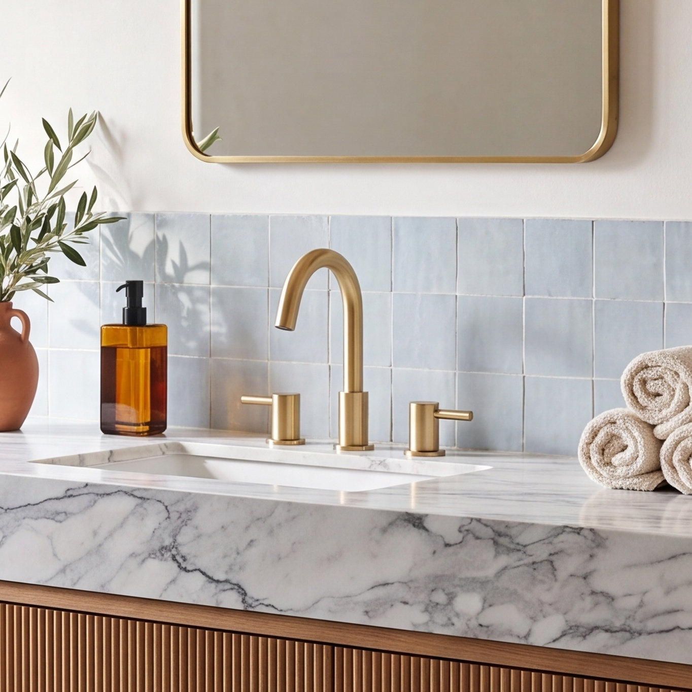 Circular Widespread Bathroom Faucet with Drain, Brushed Gold