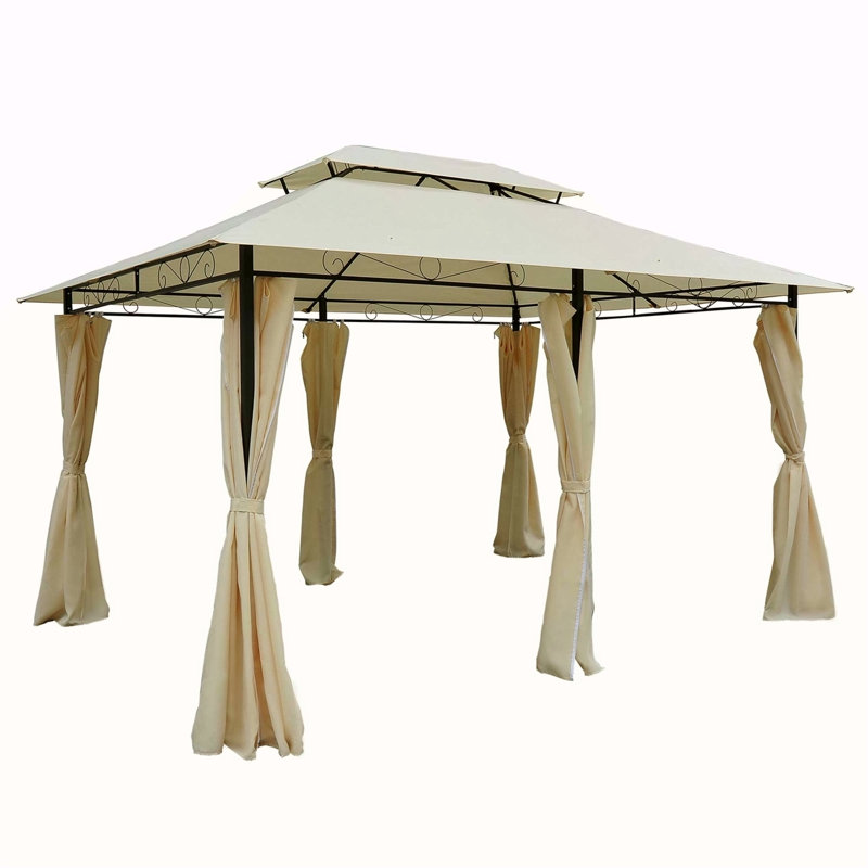 Pavillon de jardin 10 'x 13', abri de jardin avec auvent avec rideaux, toit ventilé, structure en acier toutes saisons, pour jardin, pelouse, cour et terrasse