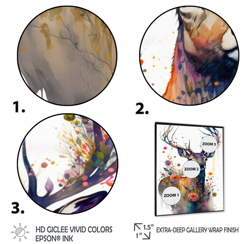 «Cute Deer Floral I», impression sur toile, Cadre photo noir, H 32 po x l 24 po x P 1 po