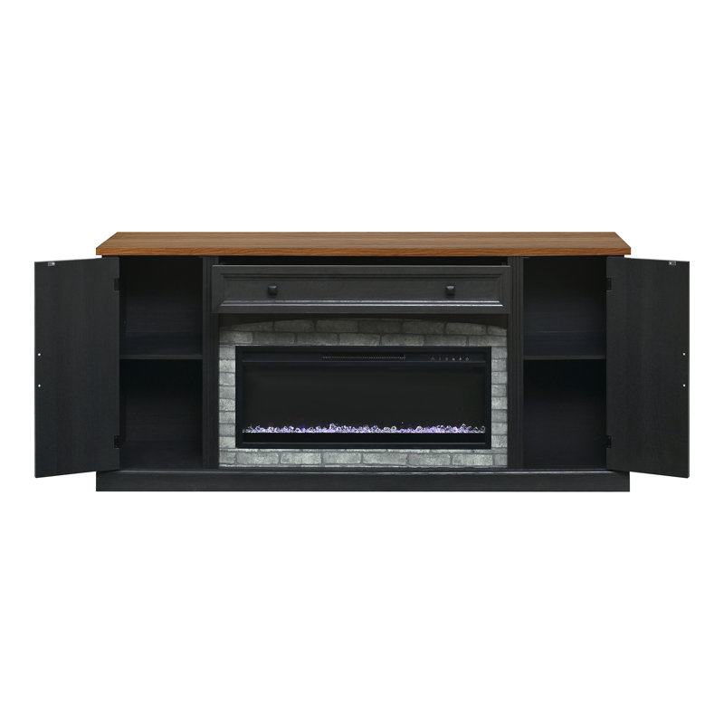 Meuble télé avec foyer électrique et solution de rangement polyvalente, support de 178 cm (70 po), fini noyer, armoire noire, tiroir et étagères pour l'organisation du salon. Plateau, base et grand espace de rangement pour appareils multimédias et objets personnels.