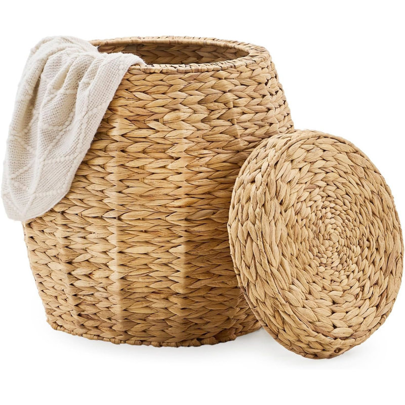 Panier à linge rond en osier avec couvercle, panier à linge tissé à la main, H 19,3 po x l 17,7 po, Naturel, Jacinthe d'eau