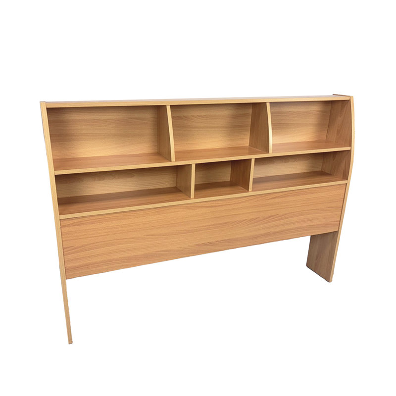 Tête de lit bibliothèque pleine grandeur avec deux tablettes et cinq pieds courbés de couleur hêtre pour le rangement et l'organisation