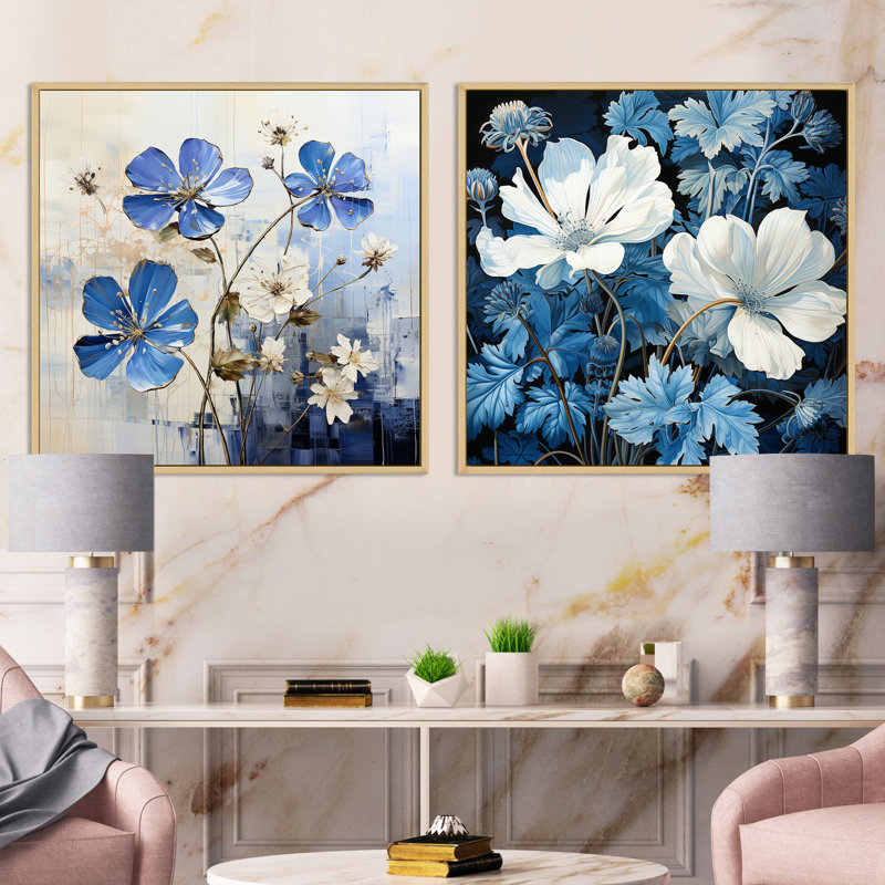 Minimalisme bleu et blanc fleurs de géraniums - ensemble de 2 géraniums carrés, Cadre flottant brun, H 36 po x l 73 po