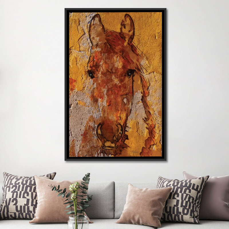 Jaune cheval, impression sur toile tendue, H 60 po x l 40po x P 1,5 po, Toile avec cadre noir, Pas de tapis
