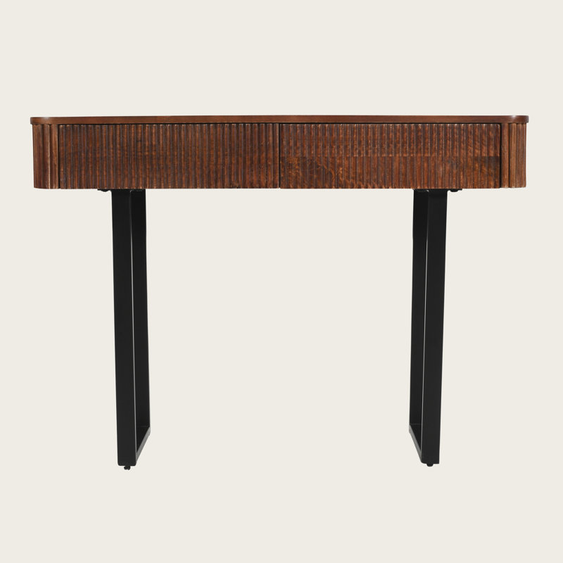 Solid Wood Entryway Table with Fluted Design, Retro Minimalist Console with Storage and Metal Legs, Honey