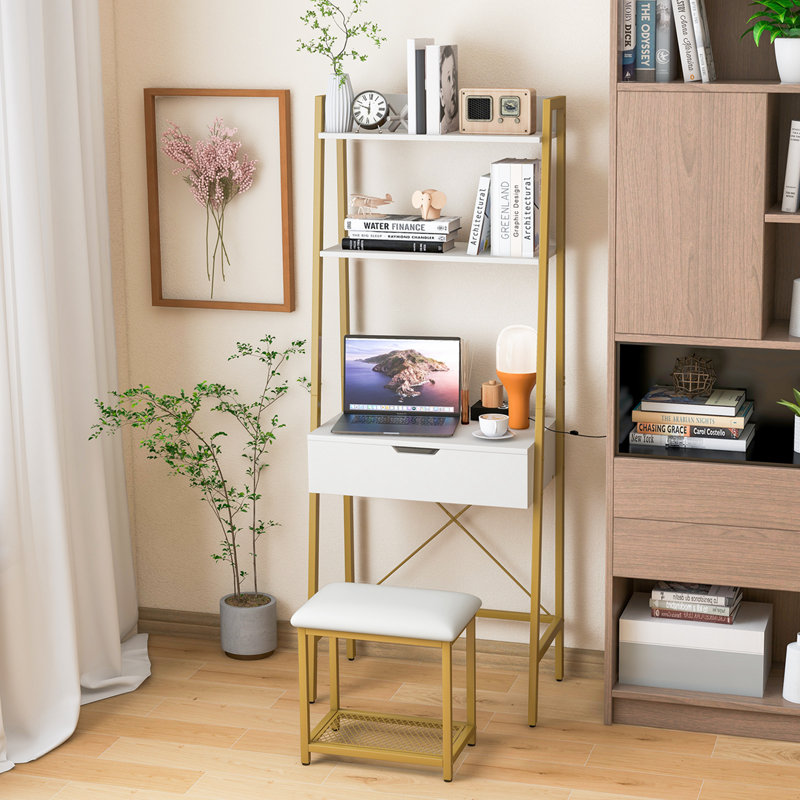 Efren Makeup Vanity Set with Flip Top Mirror and Stool, White/Gold