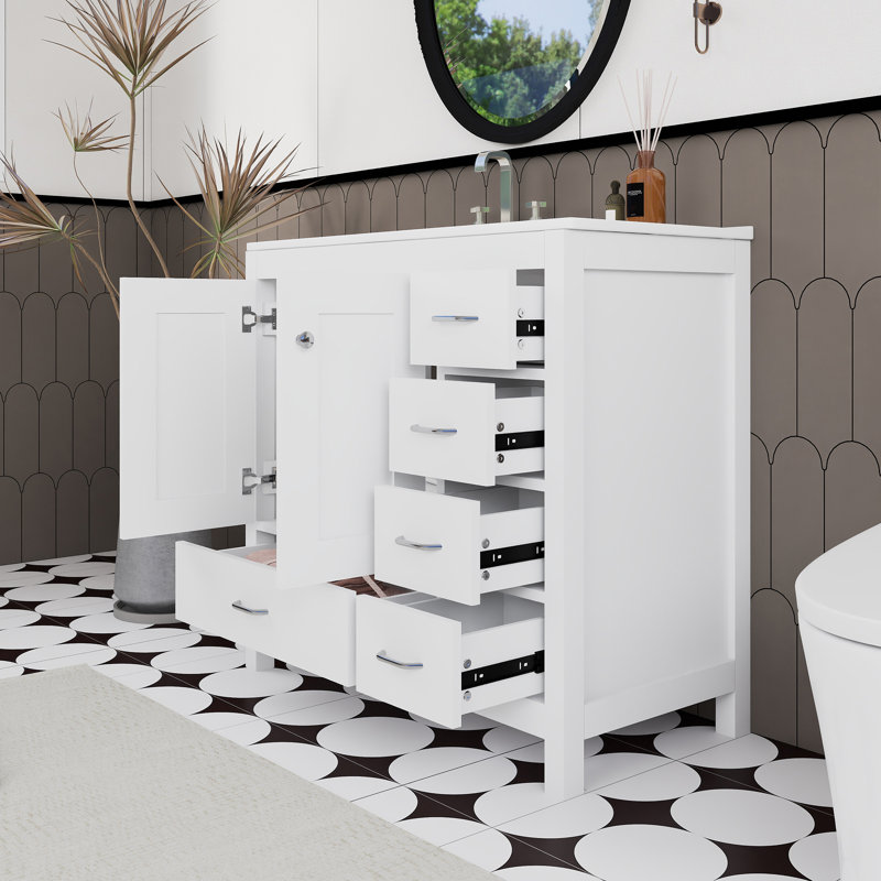 Ensemble de meuble-lavabo autoportant 36 po avec comptoir en céramique 36 po, Blanc, Argent argent