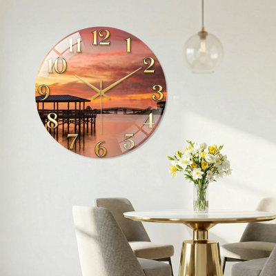 Sunset Dock Modern Decorated Glass Wall Clock Home Decor Art-15.7"