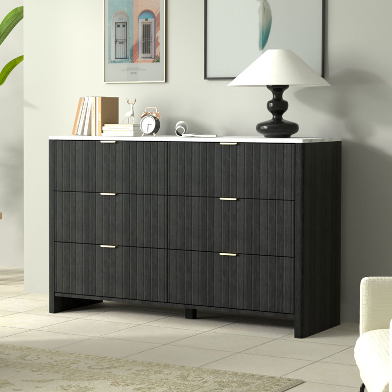 Fluted 6-Drawer  Dresser Organizer with Faux Marble Countertop, Black