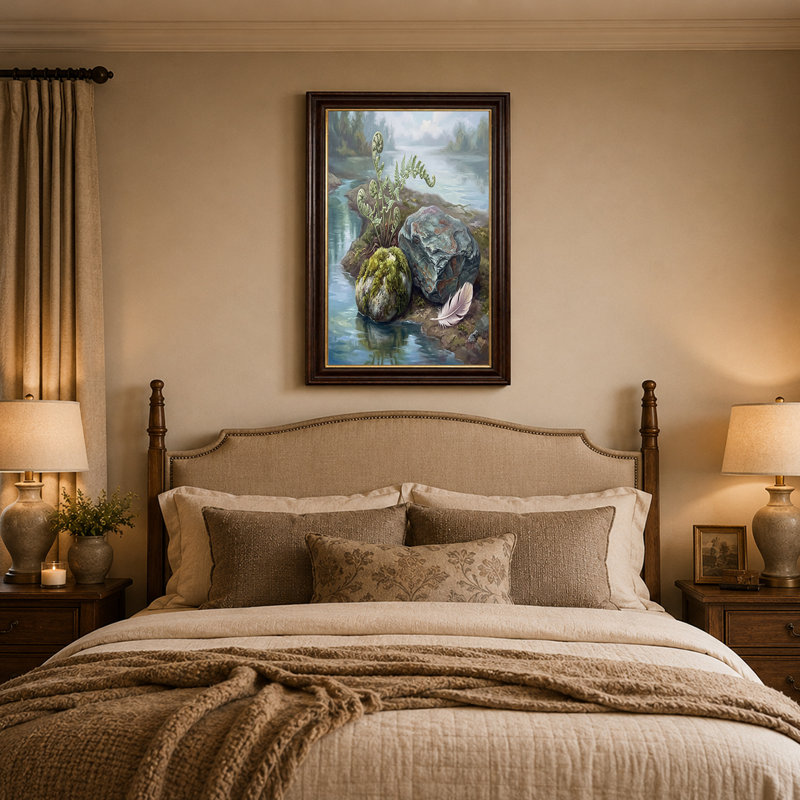 «Green Ferns and Mossy Rocks» par River with Feather, art mural sur toile, 12"H x 18"W