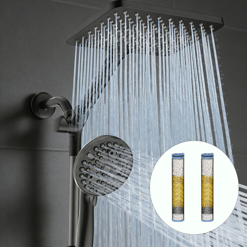 Dual Filtered Rain Shower Head Combo, Rainfall Shower Head And Showerhead With Filter, Black