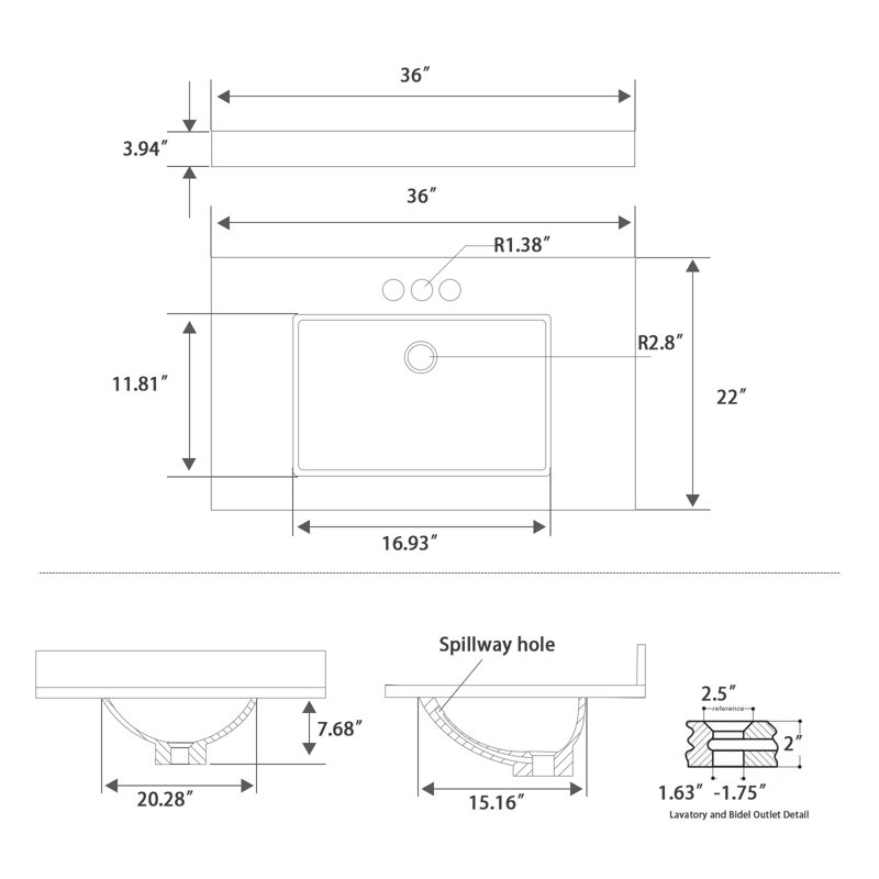 Plateau de meuble-lavabo simple 36 po avec lavabo en quartz 36 po