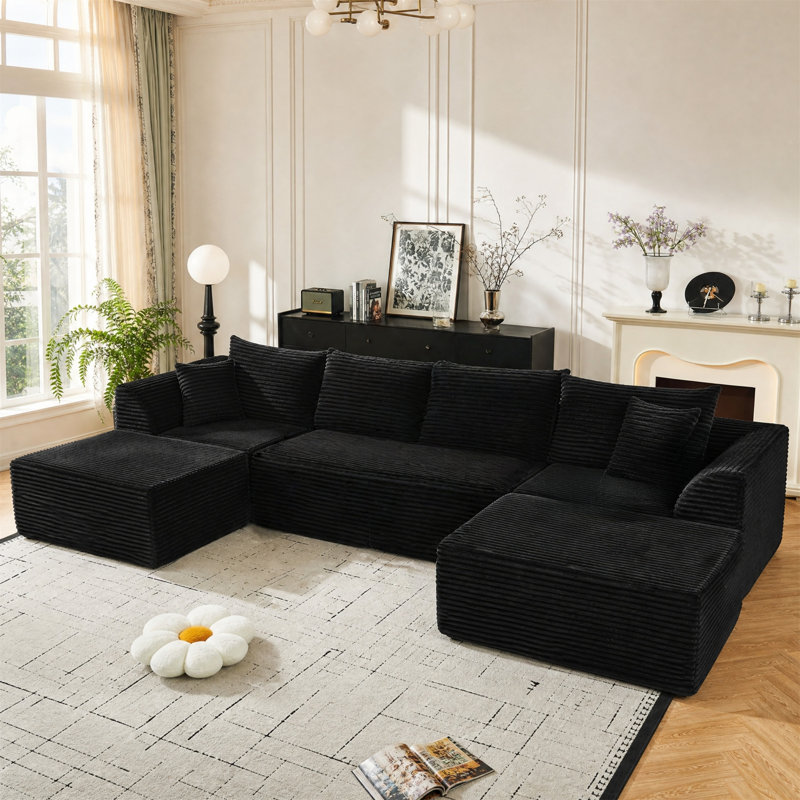 130" U-Shaped Modular Sectional Sofa, Deep Memory Foam, No Assembly Required, Black