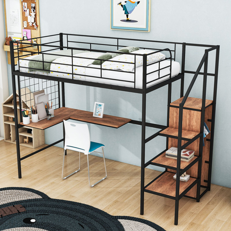 Metal Loft Bed With LED Lighting, Built-In Desk,Staircase, And Wardrobe, Twin, Black