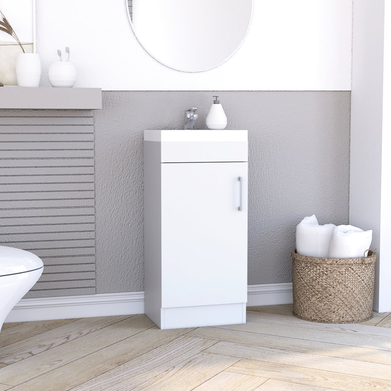 Meuble-lavabo de salle de bain 16 po avec lavabo en résine blanche, poignée en métal et tablette intérieure - armoire (poignée en panneau de particules, tablette, porte simple