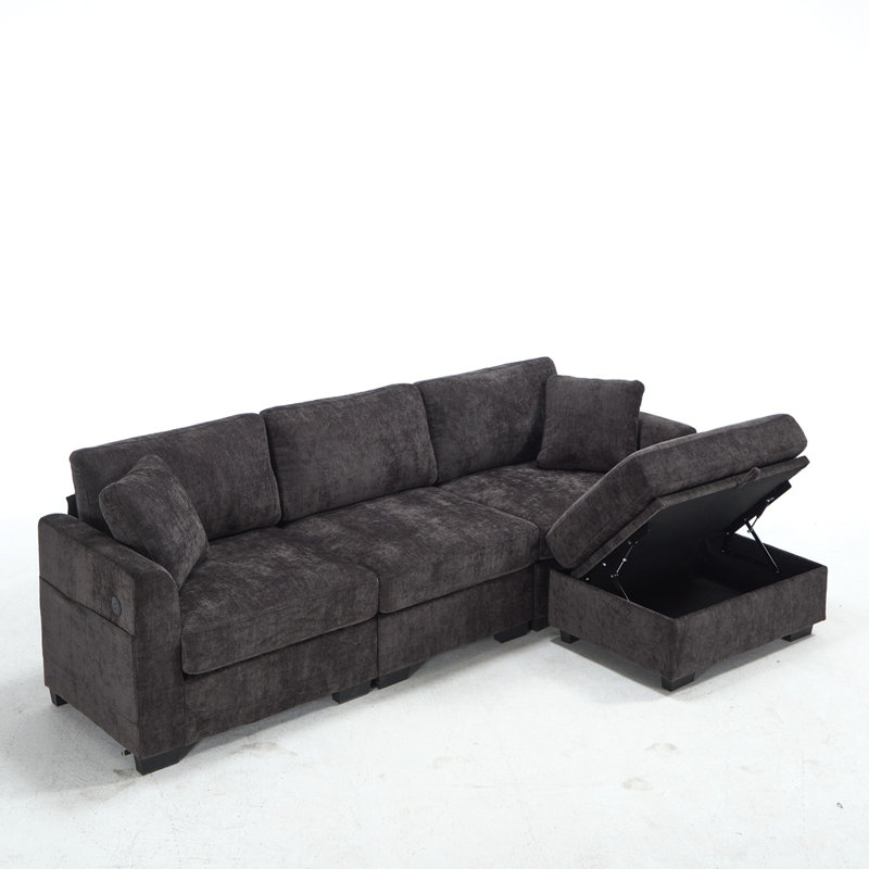 Canapé de rangement moderne avec double USB, 2 poches latérales, banc de rangement avec repose-pieds, canapé modulaire en chenille surdimensionné, canapé en L surdimensionné à 4 places