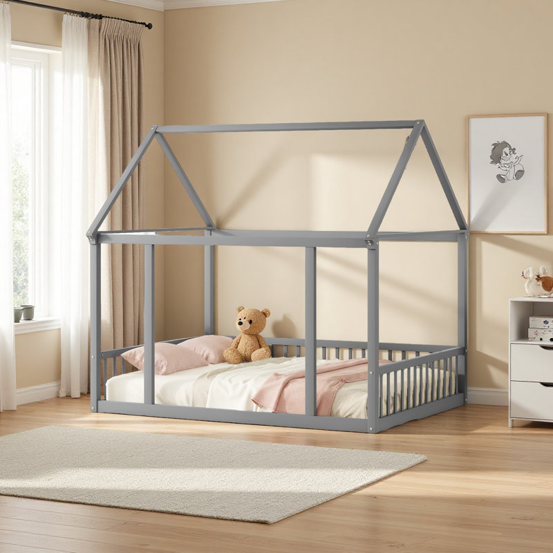 Lit de plancher en bois, Gris, Lit double