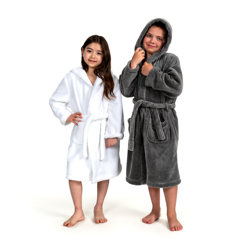 Peignoir en microfibre / molleton en polyester avec poches et capuche, Enfants M, Gris