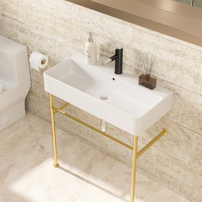Fabiana 32" Console Sink With Overflow - White Porcelain Basin For Different Environments Ceramic & Gold Legs Elegant Style
