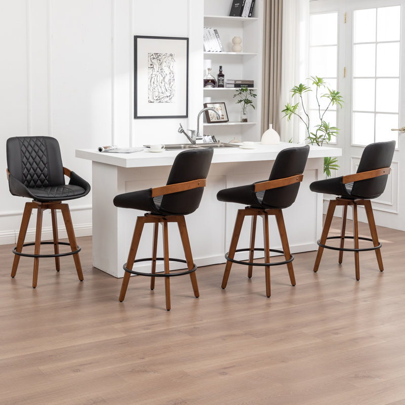 Swivel Upholstered and Faux Leather Bar Stool, Black, 4, Counter Stool (67cm Seat Height)