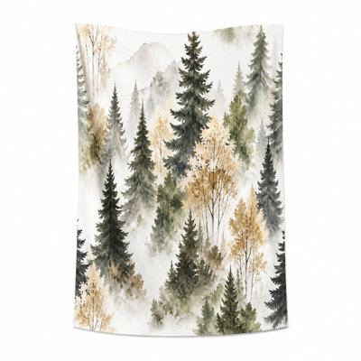 1Pcs Forest Tree Tapestry, featuring a watercolor painting of dense pine trees and autumnal foliage with misty mountain background. Large wall hanging, perfect for bedroom, living room, dorm decor, artistic design.