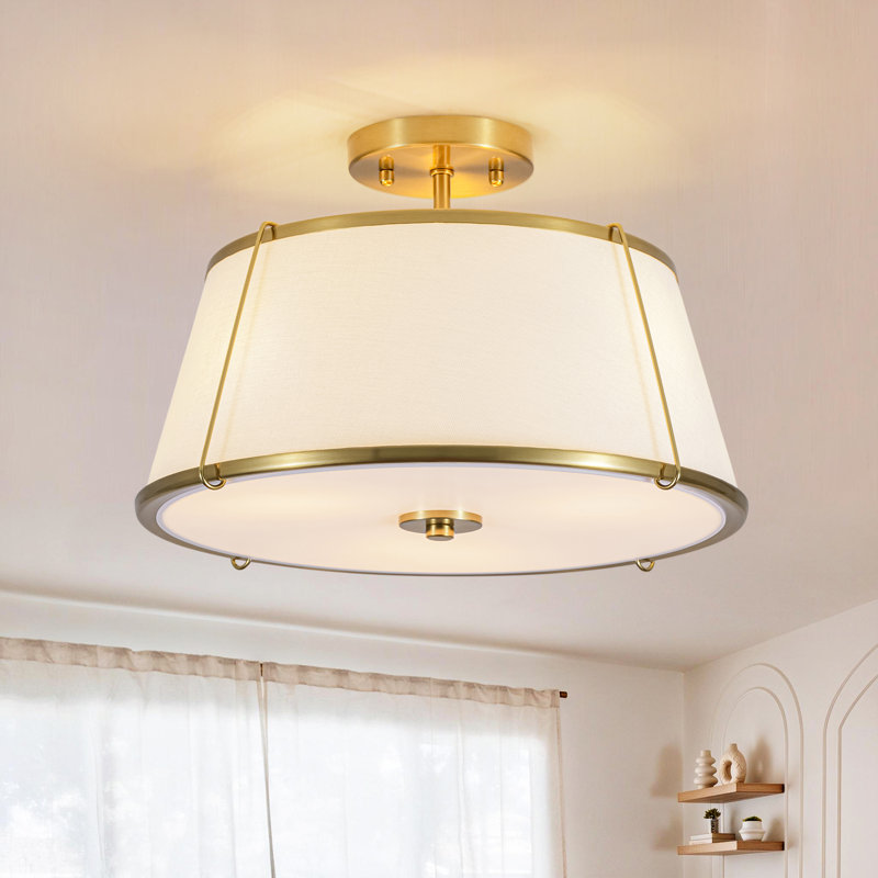 Modern 3-Light Semi-Flush Mount Ceiling Light with White Linen Drum Shade