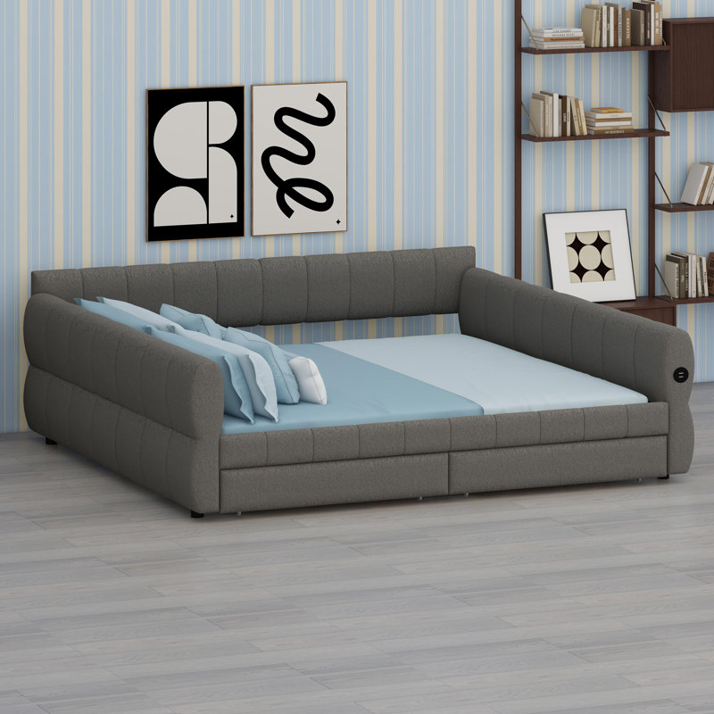 Upholstered Platform Bed With USB Charging Ports And Built-In Drawers, Gray