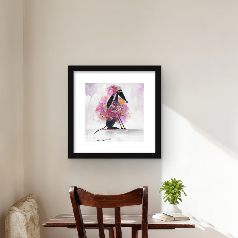 Dessin de chien avec fleurs roses - reproduction d'animaux de chambre encadrée, H 16 po x l 16 po, Noir