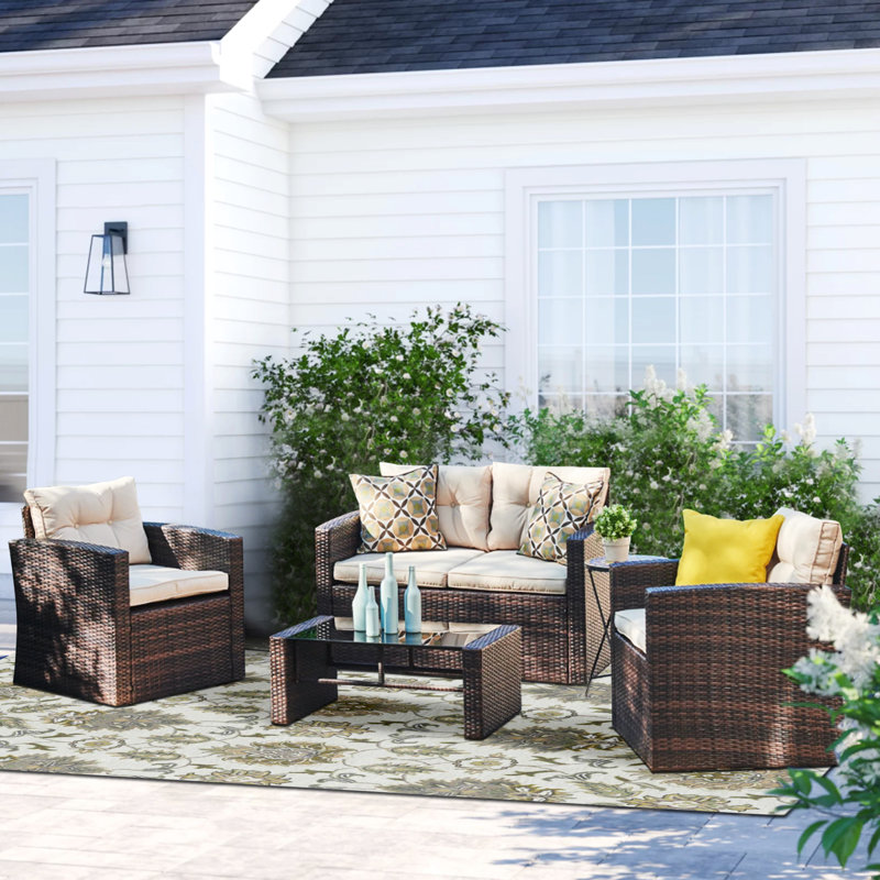 Lilyan 4 Piece Outdoor Rattan Sofa Seating Group with Cushions, White/Dark Brown