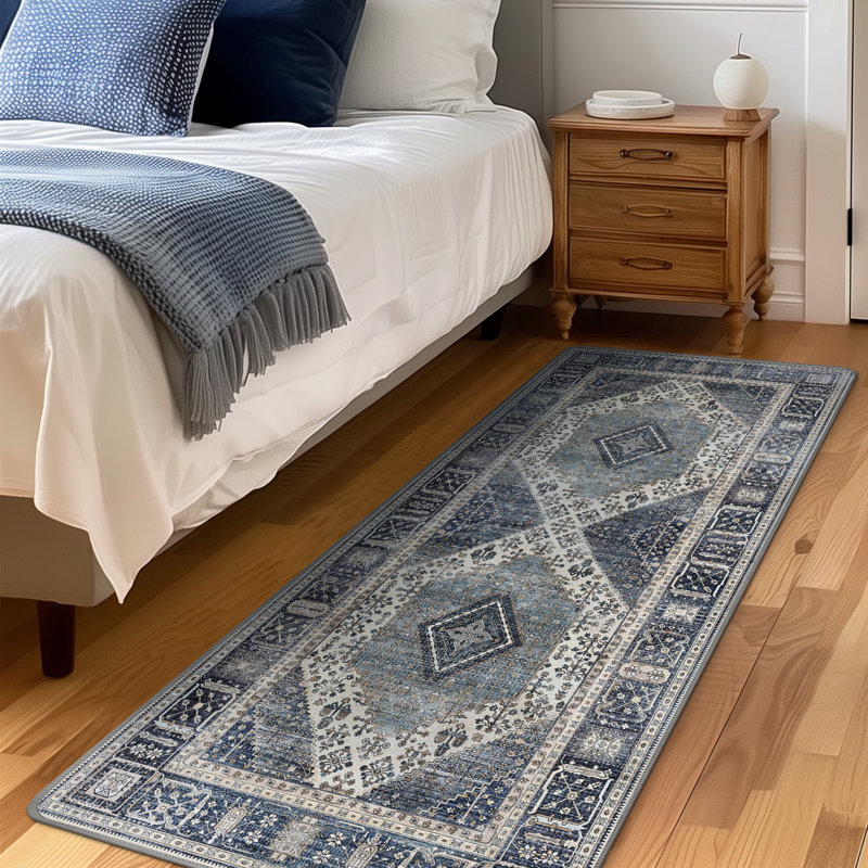 Oriental Blue Area Rug Non Slip Low Pile Modern Washable Rug for Bedroom, Runner 2' x 7'