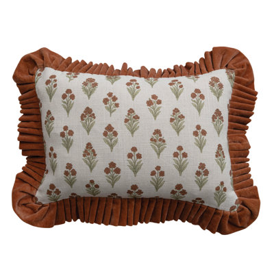 Velvet Ruffle Cotton Lumbar Pillow with Floral Print