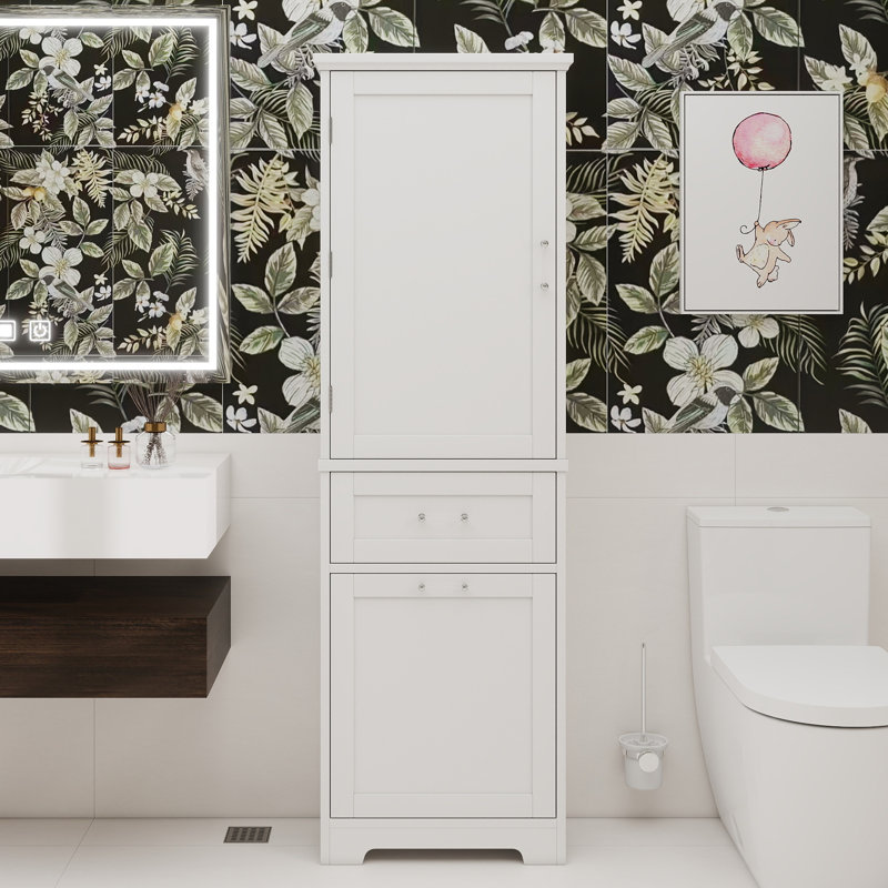 Grande armoire de rangement pour salle de bain, armoire de rangement autoportante avec deux tiroirs de tailles différentes et tablette réglable, panneau de fibres à densité moyenne avec finition peinte, blanc
